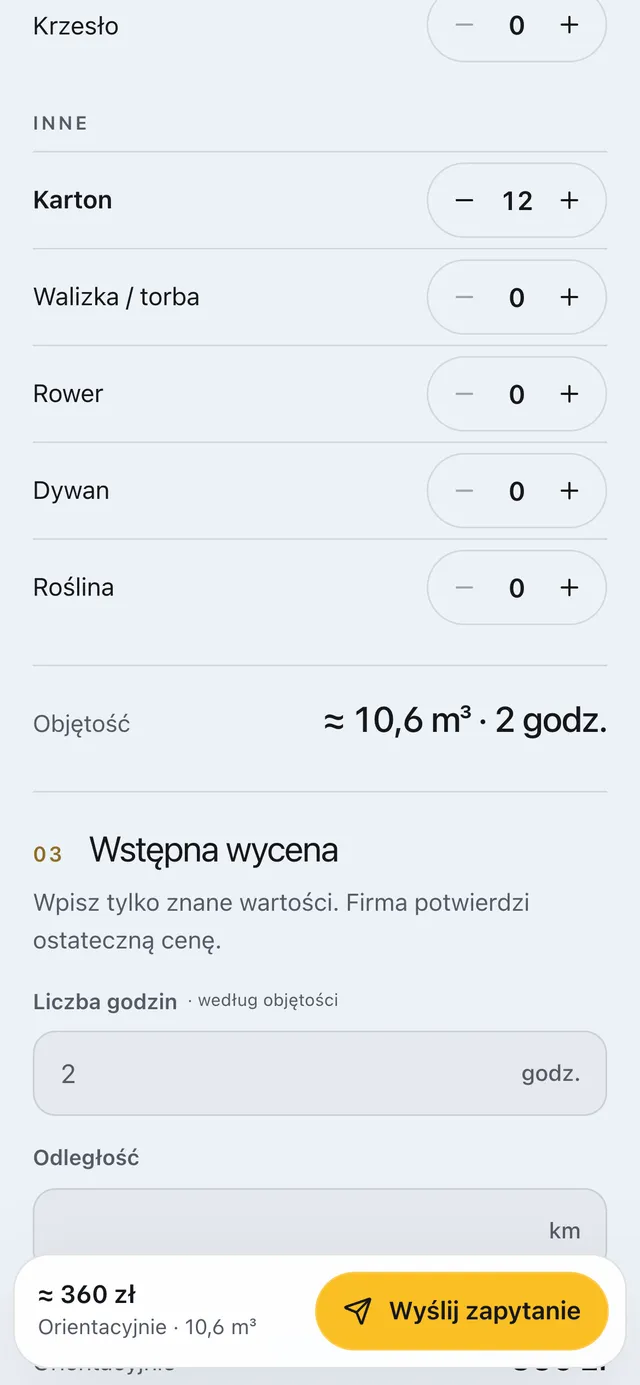 Kalkulator objętości przeprowadzki na telefonie